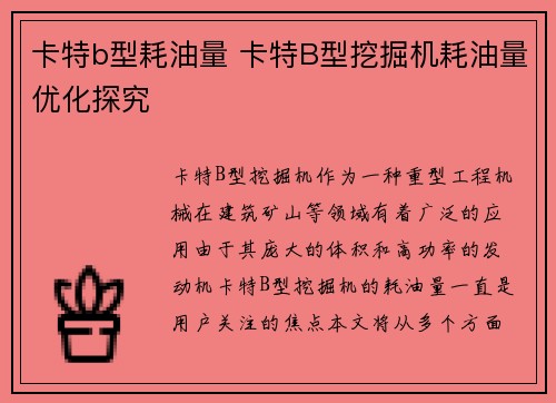 卡特b型耗油量 卡特B型挖掘机耗油量优化探究