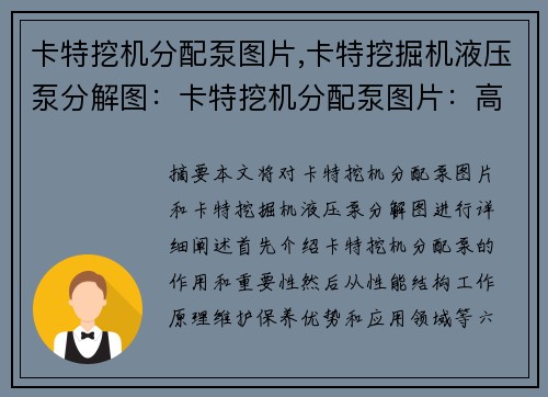 卡特挖机分配泵图片,卡特挖掘机液压泵分解图：卡特挖机分配泵图片：高效稳定的工程利器