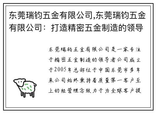 东莞瑞钧五金有限公司,东莞瑞钧五金有限公司：打造精密五金制造的领导者